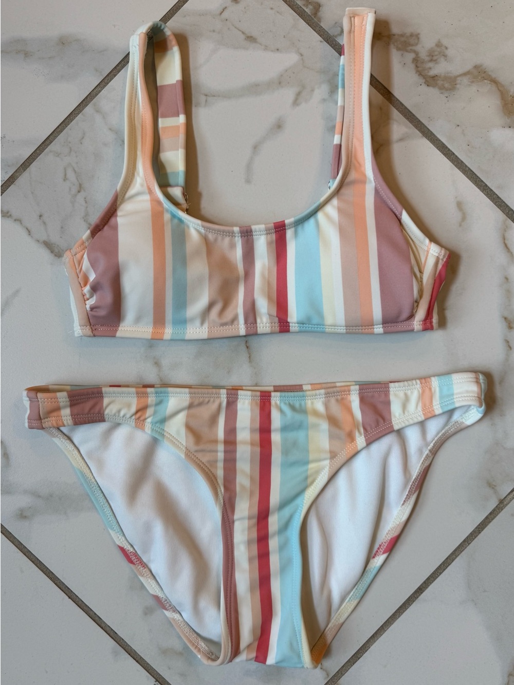 Xhilaration Pastel Multi-Stripe Scoop Bikini Set cream peach Top XS, Bottom S